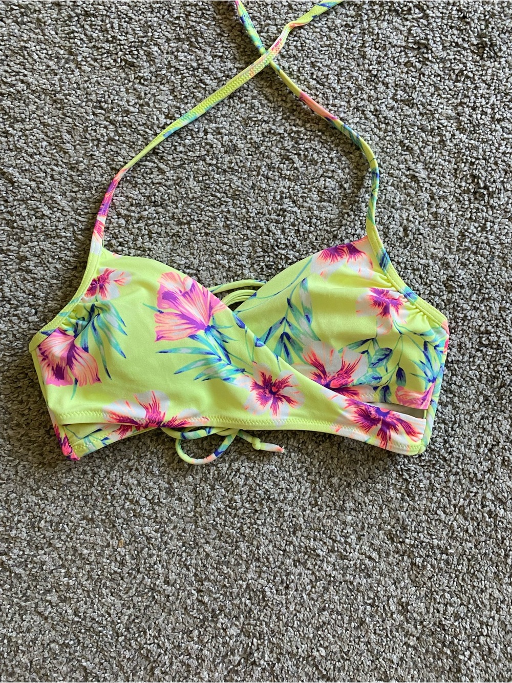 PINK Victoria's Secret Neon Yellow Floral Halter Bikini Top
